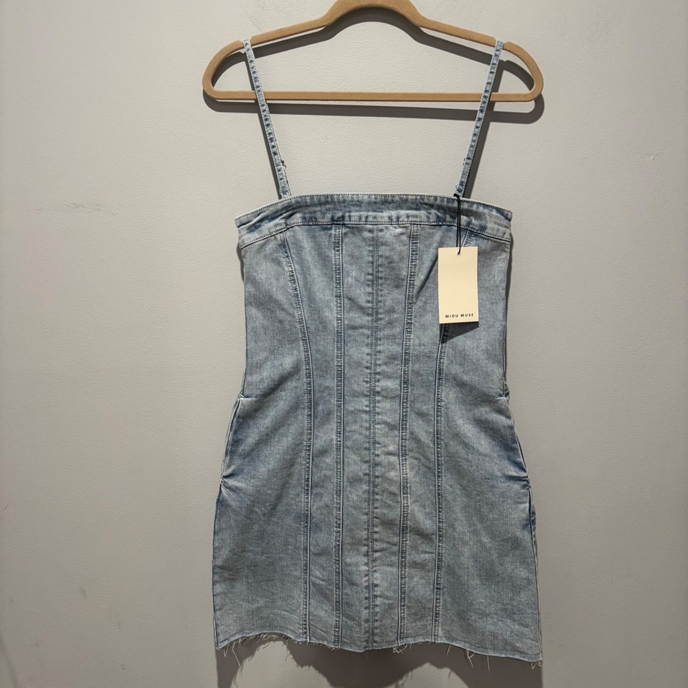 Miou Muse Denim Mini Dress Light Wash Blue Bodycon Spaghetti Strap Pockets M